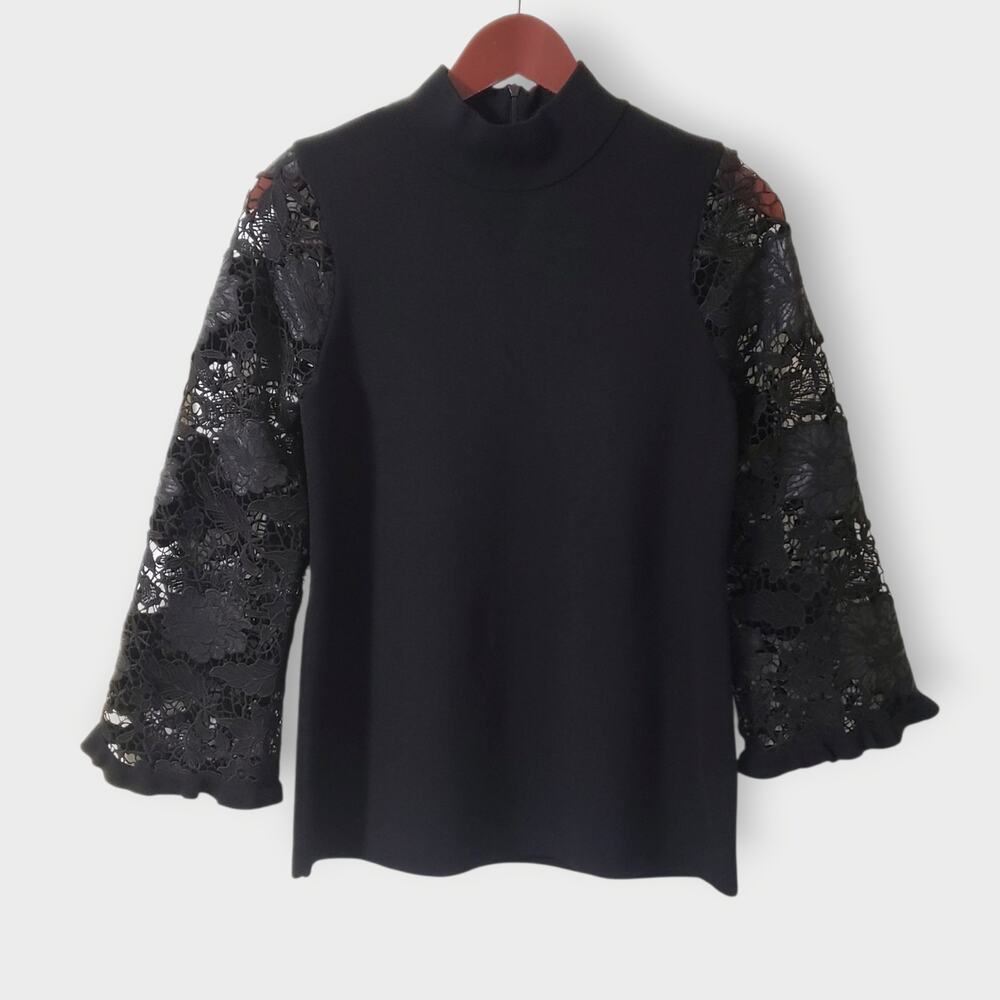 NWT Chico's Black Mockneck Floral Lace Flare Sleeve Top Sz Sm Goth Fairy Romance